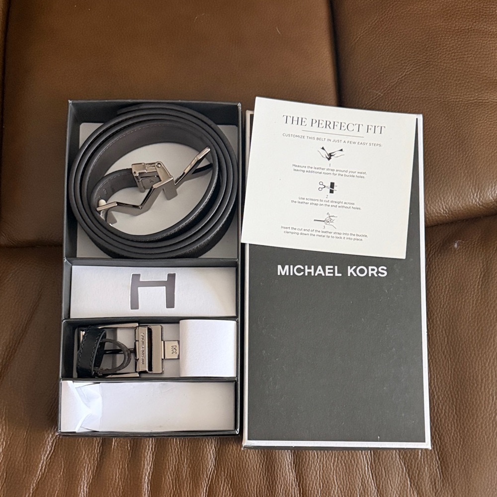 Michael Kors Black Leather Interchangeable Buckle Belt Set